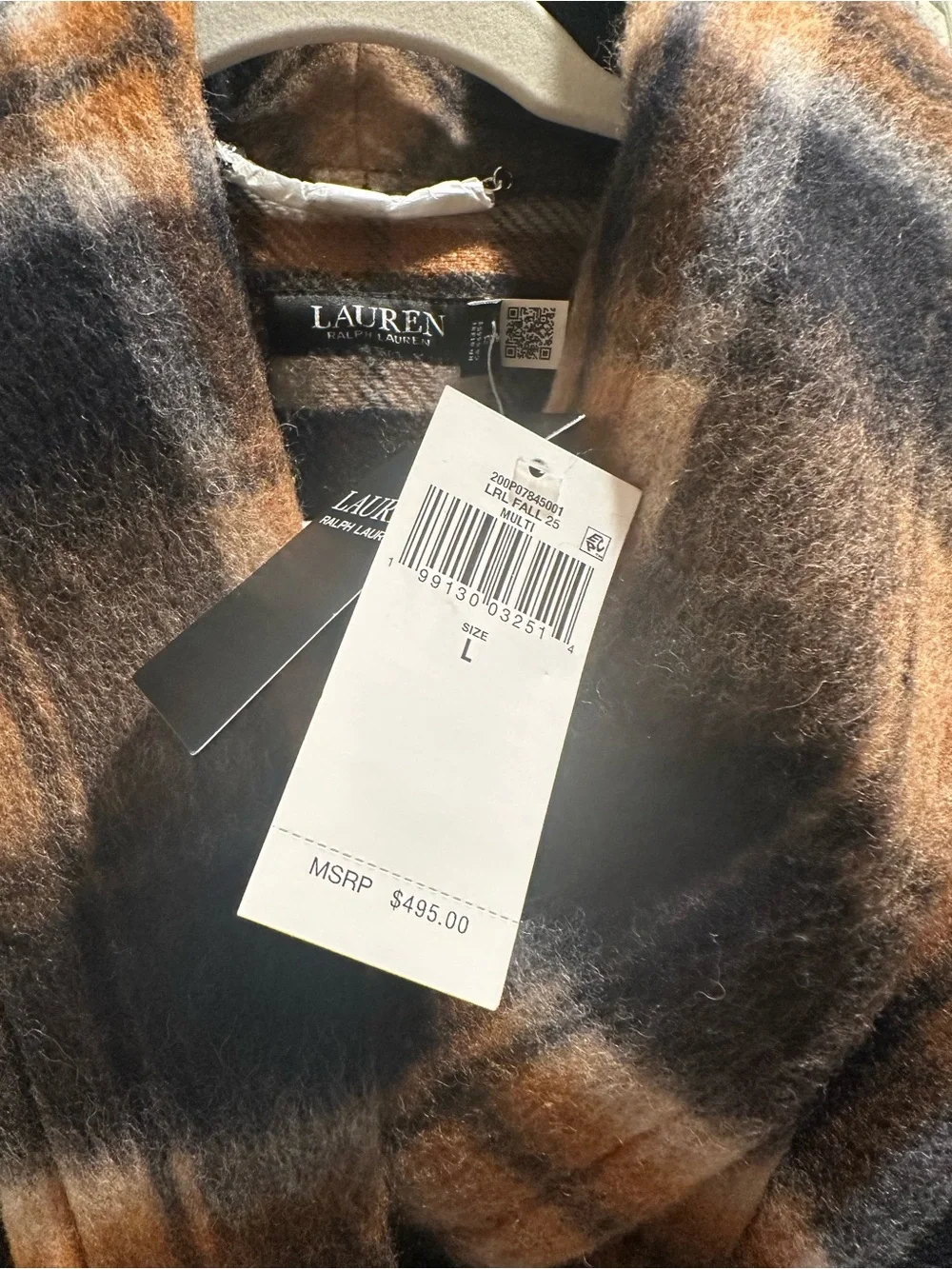 NWT Lauren Ralph Lauren Plaid Wool Blend Shawl Collar Wrap Coat Jacket L